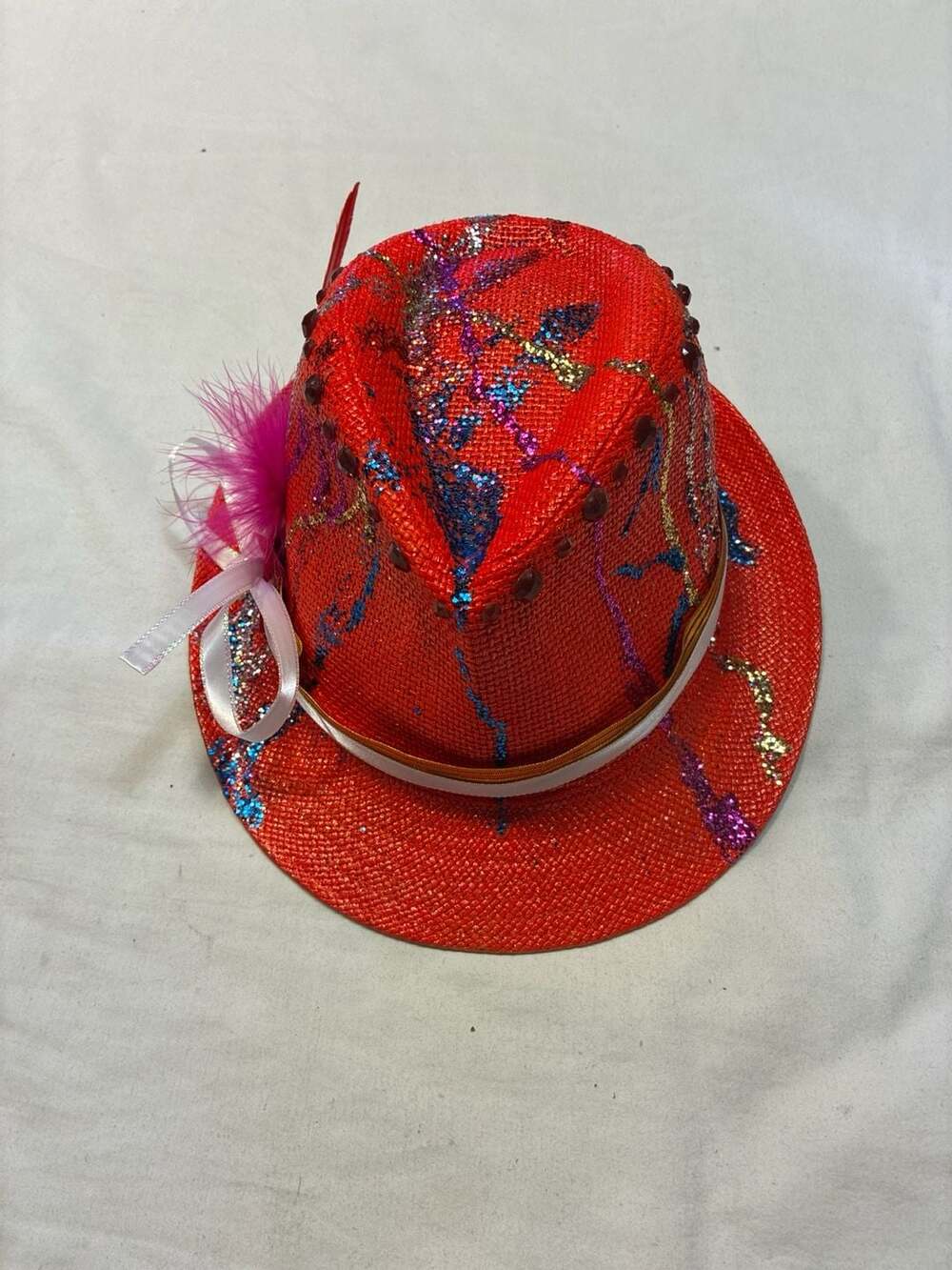 Magid Red Paper Straw Fedora Hat with Glitter, Feathers, and Rhinestones